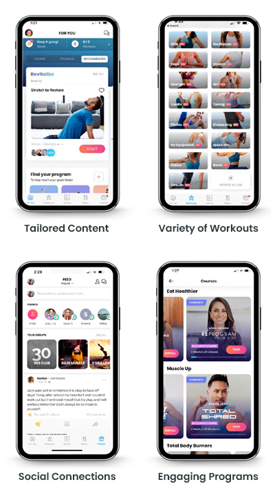 Tailored content, variety of workouts, social connections, engaging programs.